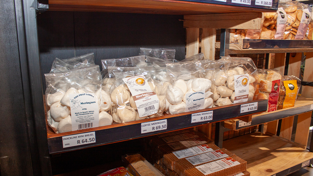 Bags of homemade meringues on the shelf